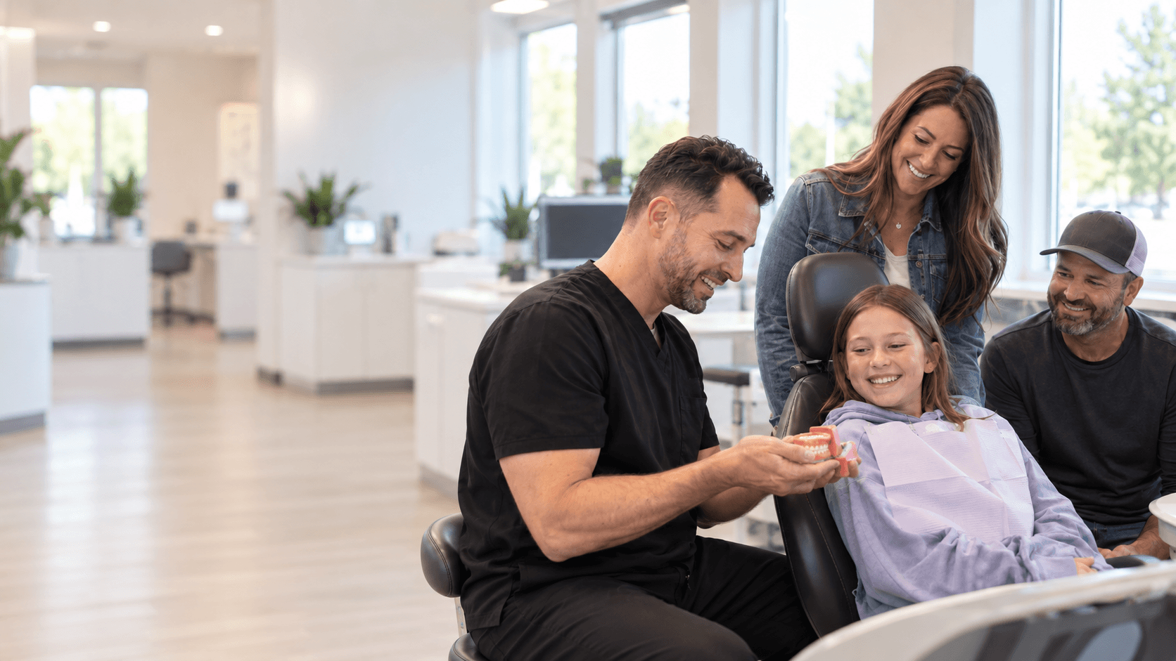 A dentist showing a young patient and her parents a dental model in a bright, modern clinic